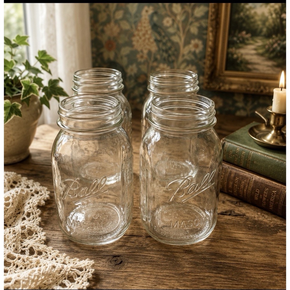 Set of 4 Vintage Ball Clear Quart Mason Canning Jars Rib USA 1960-1970s